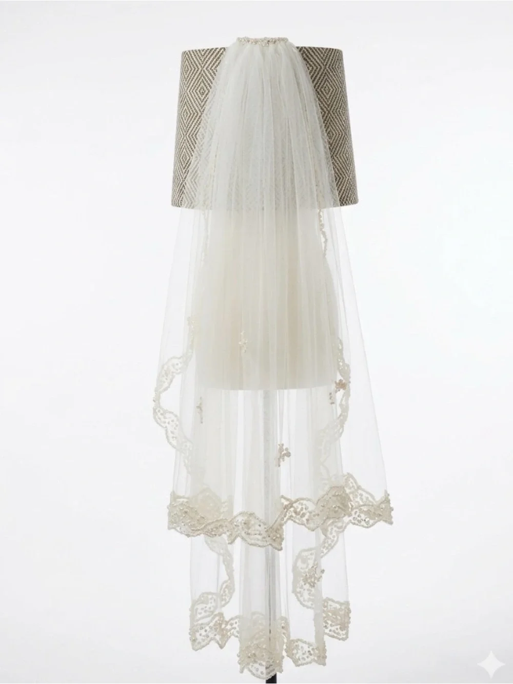 Ivory 2 Tiered Pearl Lace-Edged Appliqué Scalloped 35”L Comb Wedding Bridal Veil
